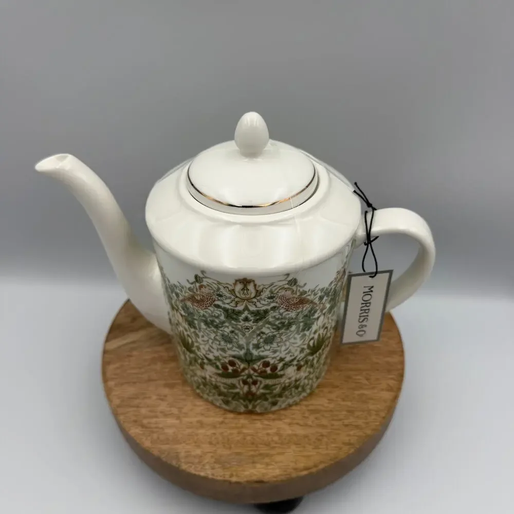 William Morris & Co Strawberry Thief White Porcelain Teapot Birds Green Tan NIP